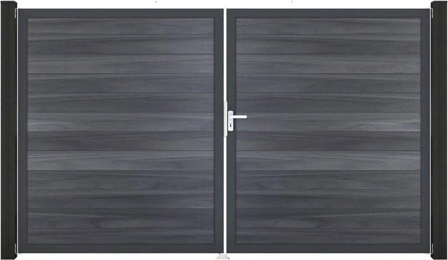 GroJa Solid Steckzaun Tor DIN Rechts DB, 2-flügeliges Doppel-Tor aus Aluminium und BPC, Steingrau, blickdicht - Bild 1