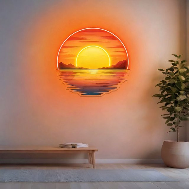 Sonnenuntergang Neonschild als moderne Wanddekoration in Orange und Multicolour, runde Natur-Wandkunst aus Kunststoff - Bild 1