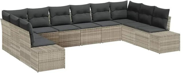 vidaXL Garten-Sofa-Set aus Poly-Rattan in Hellgrau mit Kissen, 10-teiliges Outdoor-Sitzgruppe in U-Form mit Metallgestell - Bild 1