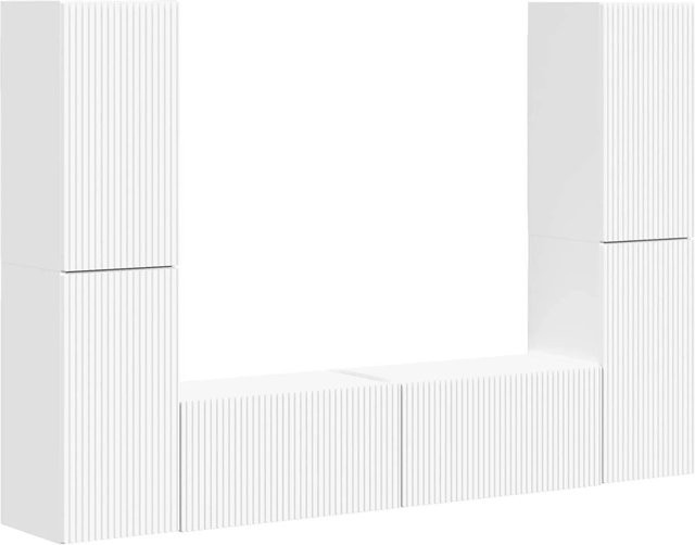 vidaXL TV-Schrankset aus Holzwerkstoff in Weiß, 6-teiliges minimalistisches Wandregal-Set für das Wohnzimmer mit integrierter Beleuchtung und Regalböden - Bild 1