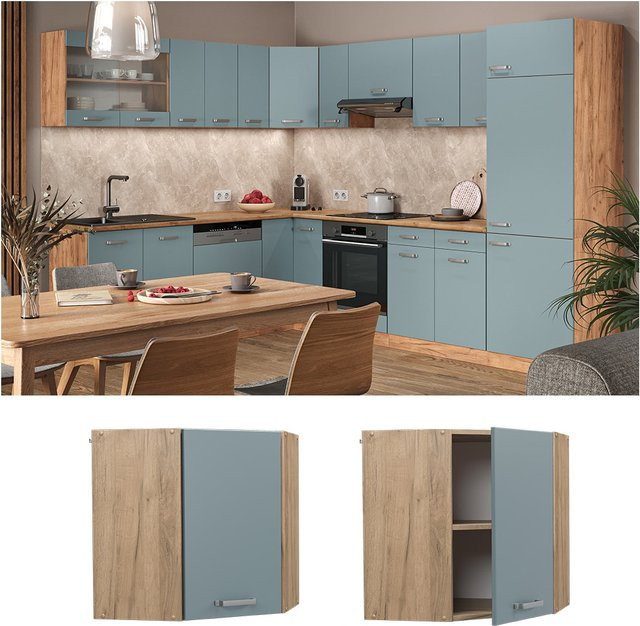 Vicco R-Line Eckhängeschrank für die Küche in Eiche mit Blau-Grau, Breite: 57 cm, Höhe: 60 cm, Tiefe: 34,1 cm - Bild 1
