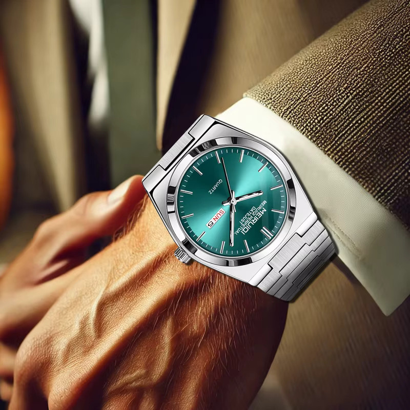 MEIRUIQI Armbanduhr Quarz, Edelstahl, Silber, Grün, Herren - Bild 5