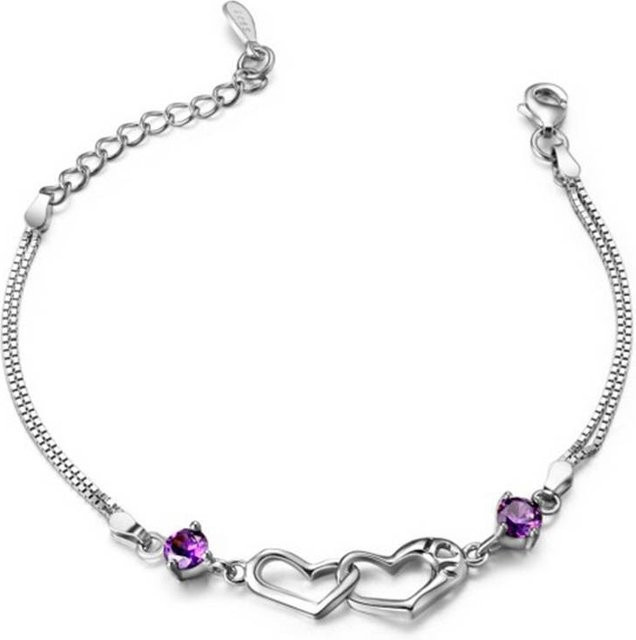 Armband 925 Silber, Weißgold überzogen, Amethyst, Doppelherz, Damen - Bild 1