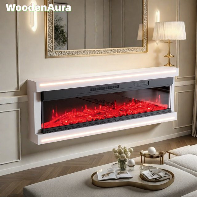 Elektrischer Kamin von WoodenAura in Weiß mit LED-Ambientebeleuchtung, 50 Zoll Durchmesser, 12-farbiger Holzflammensimulation und einstellbarer Helligkeit sowie Geschwindigkeit zur Wandmontage - Bild 1