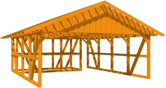 Skan Holz Carport Schwarzwald aus Fichtenholz mit Satteldach, Dachlattung und Abstellraum in Eiche Hell, B: 684 cm x T: 772 cm - Bild 1