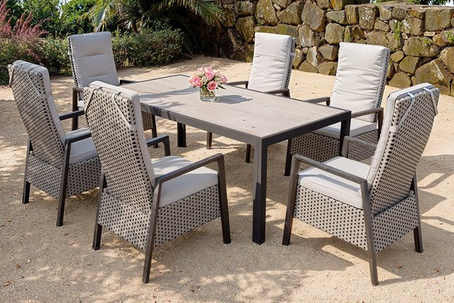 OUTFLEXX Gartenessgruppe Louvra 2/Darwin in Anthrazit aus Aluminium, Keramik und Polyrattan mit rechteckigem Tisch und 6 Diningsesseln, Tisch Breite: 200 cm, Tiefe: 100 cm, Höhe: 75 cm - Bild 1