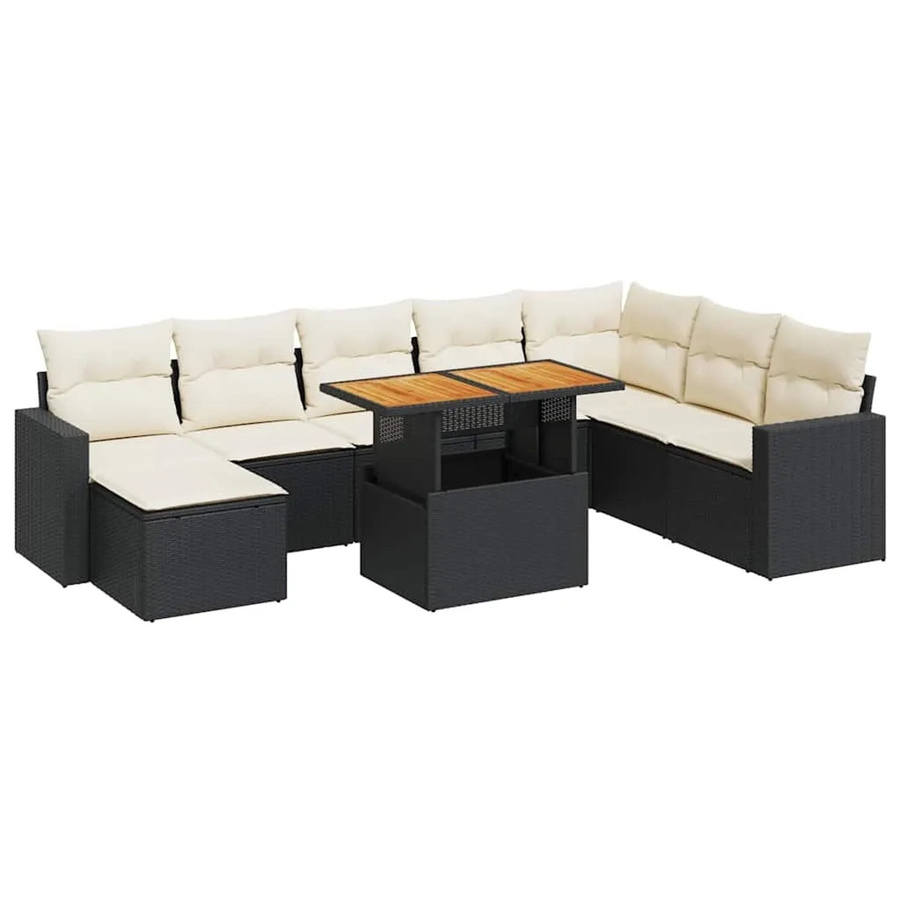 vidaXL 9-tlg. Garten-Sofagarnitur in L-Form aus Poly-Rattan und Akazienholz mit Kissen in Schwarz und Cremeweiß - Bild 2