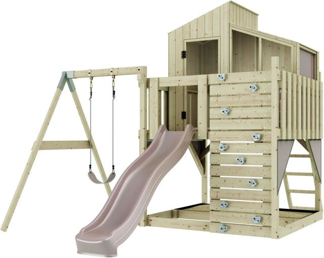 PolarPlay Spielturm Lotta aus Holz mit Schaukel und Rutsche in Rosa und Naturfarben - Bild 1