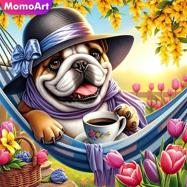 Momoart Diamantmalerei Hund und Tulpe als Acryl-Diamantmosaik in Multicolour, Durchmesser: 20 cm - Bild 1