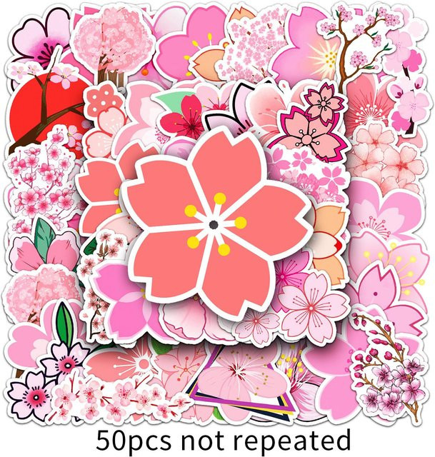 50 Kirschblüten Doodle Cartoon Blumen Aufkleber Multicolour - Bild 1