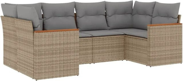 vidaXL 6-teilige Garten-Sofagarnitur in L-Form aus Poly-Rattan und Akazienholz mit Kissen in Beige - Bild 1
