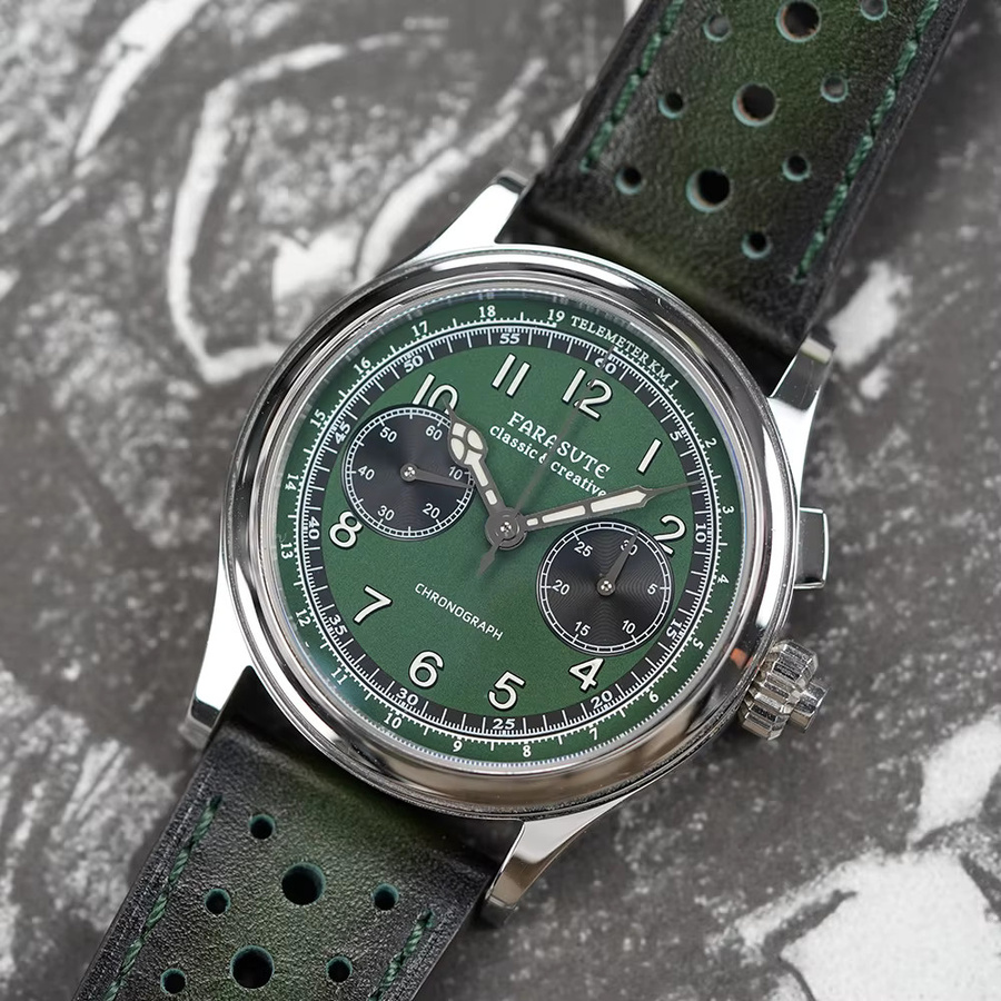FARASUTE Chronograph, Handaufzug, Edelstahl, Leder, Herren, Grün - Bild 1