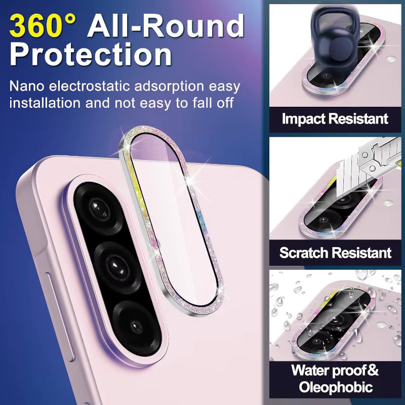 Glitzer Metall Ring Kamera Schutzfolie aus gehärtetem Glas für Samsung Galaxy A56 A36 A26 in Pink und Multicolour - Bild 2