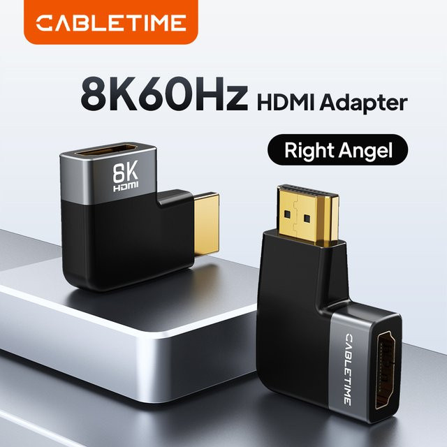CABLETIME HDMI 2.1 Adapter Right Angle Stecker auf Buchse in Schwarz mit 8K 60Hz und 48Gbps Unterstützung für HDTV, Laptop und PS5 - Bild 1