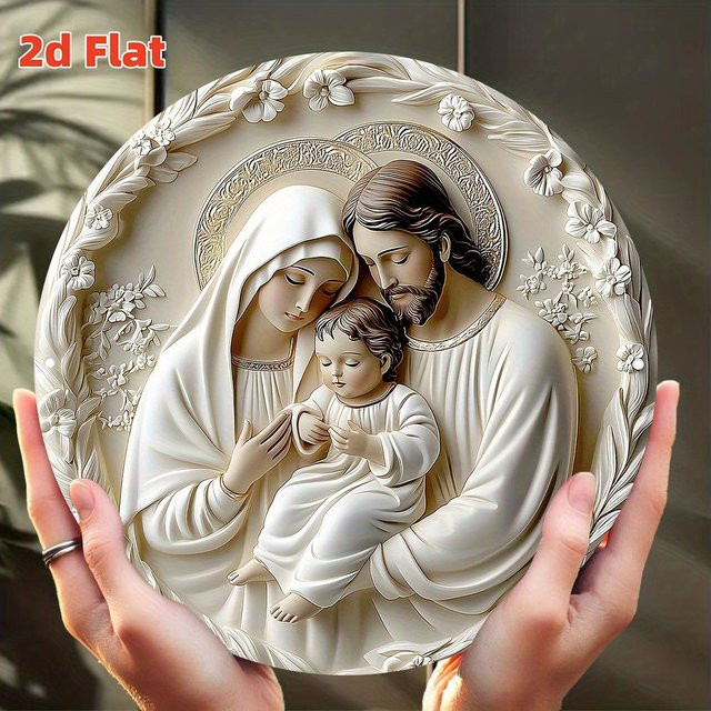 Potdemiel Wandkunst Heilige Familie – Runde Metallplakette aus Aluminium mit floralem Relief-Design, Durchmesser: 19,81 cm - Bild 1