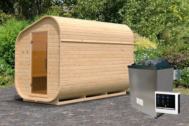 Fasssauna Asymmetrisch mit 9,0 kW Ofen und Steuergerät, Maße: B: 199 cm, L: 355 cm, Wandstärke: 38 mm - Bild 1