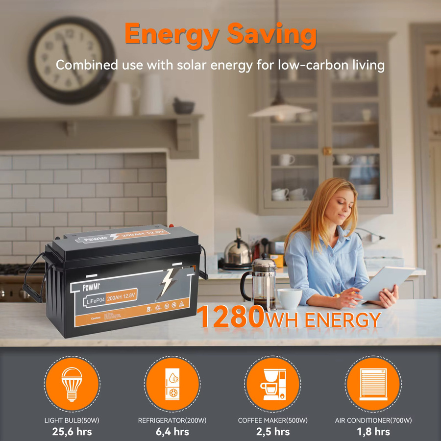 PowMr LiFePO4 Batterie 12,8V 200Ah mit integriertem BMS 2560Wh Deep-Cycle Lithium-Eisenphosphat-Batterie in Schwarz für Solarenergiespeicher, Wohnmobile, Boote, Off-Grid und USV - Bild 4
