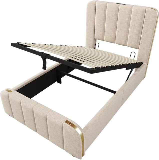 okwish Polsterbett Beige mit Matratze und USB Type-C Ladefunktion, Einzelbett mit Lift-up-Funktion, B/T/H: 90 x 200 x 102 cm - Bild 1