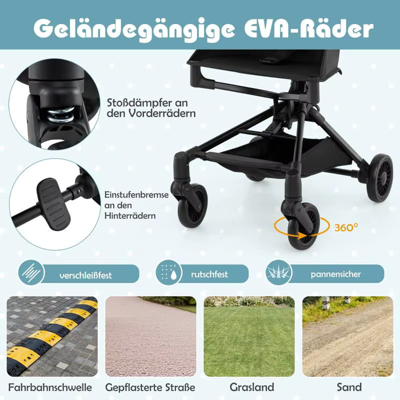 Schwarzer Reisebuggy Kompakter Leichtgewicht-Kinderwagen Flugzeugfreundlich mit Einhand-Faltfunktion und Schultergurt - Bild 8