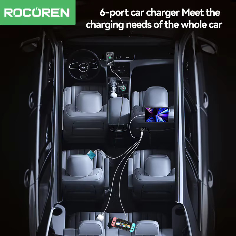 Rocoren 105W Multi 6 Ports Auto Ladegerät für Rücksitz mit USB Typ C Schnellladegerät in Schwarz - Bild 2