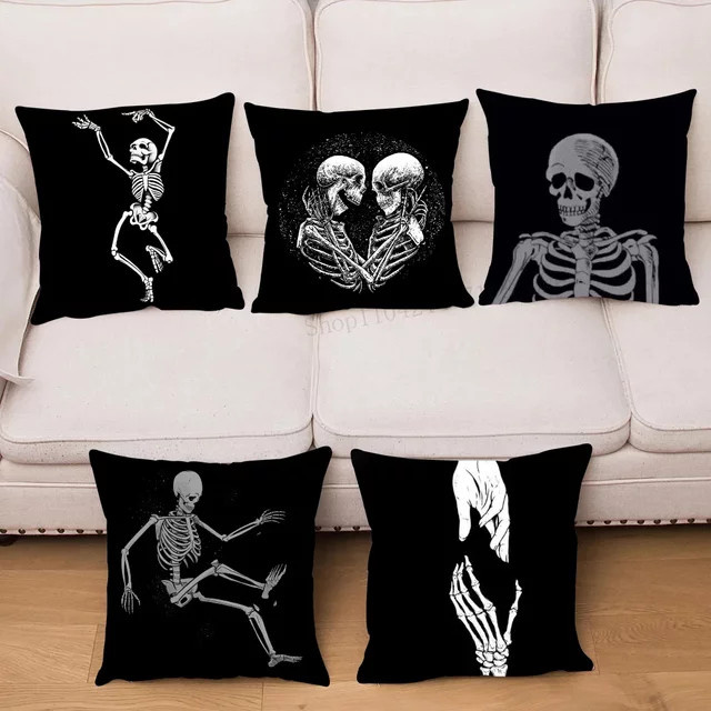 Dekoratives Kissen mit anatomischem Skelett-Motiv in Schwarz, quadratisch, 40 x 40 cm - Bild 1