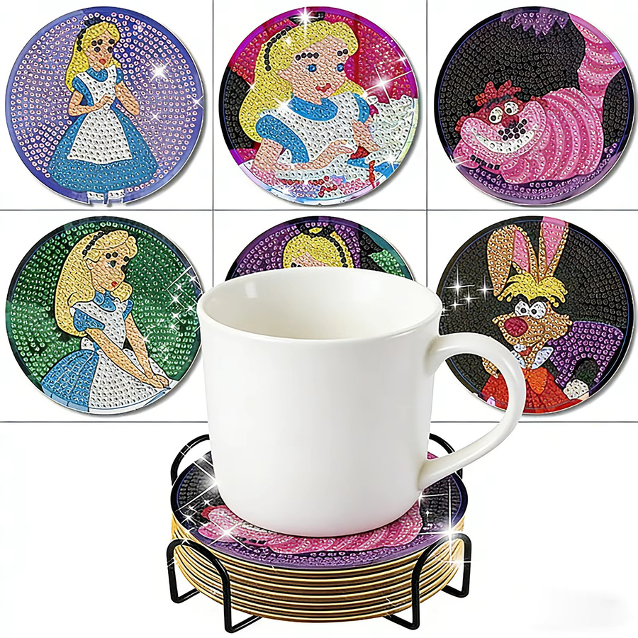 Potdemiel DIY Diamant-Malerei Untersetzer Set mit Halter, 8-teiliges Alice im Wunderland Cartoon-Prinzessinnen Set, Mehrfarbig - Bild 4
