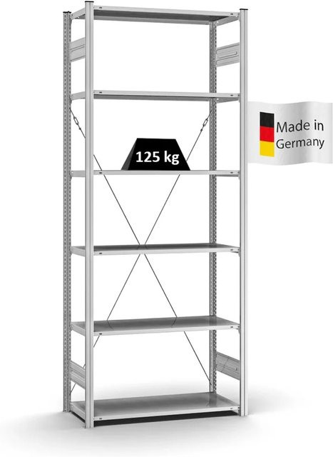 PROREGAL Profi Lagerregal Stecksystem T-Profil Grundregal, Farbe: Silber, H x B x T: 250 x 100 x 40 cm, Fachlast 125 kg, verzinkt - Bild 1