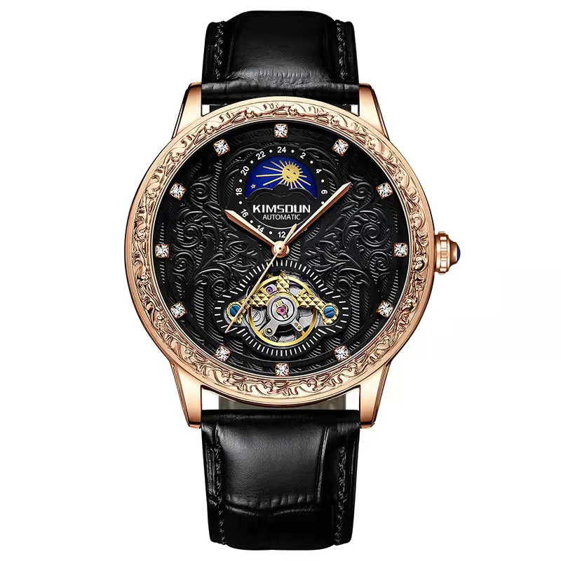 KIMSDUN Armbanduhr, Mechanisch, Schwarzes Zifferblatt, Leder, Herren - Bild 5