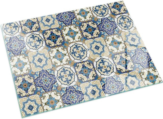 Tulup Glasplatte für Kamin mit Mosaikmuster und Blumen in Blau, B/B/H: 120 x 80 cm - Bild 1