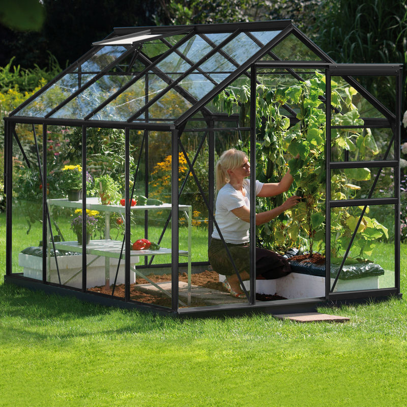 Vitavia Gewächshaus Planet 5000 Schwarz mit 5 m² Fläche, Fundamentrahmen, ESG-Sicherheitsglas und Schiebetür - Bild 4