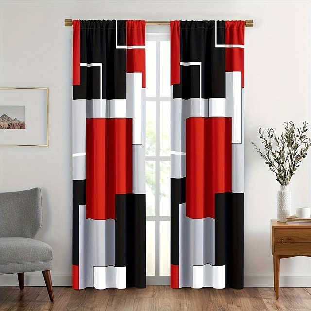 2er-Set halbtransparente Vorhänge mit Karomuster von Household supplies MH in Rot, Weiß, Grau und Schwarz, B: 150 cm, H: 166 cm - Bild 1