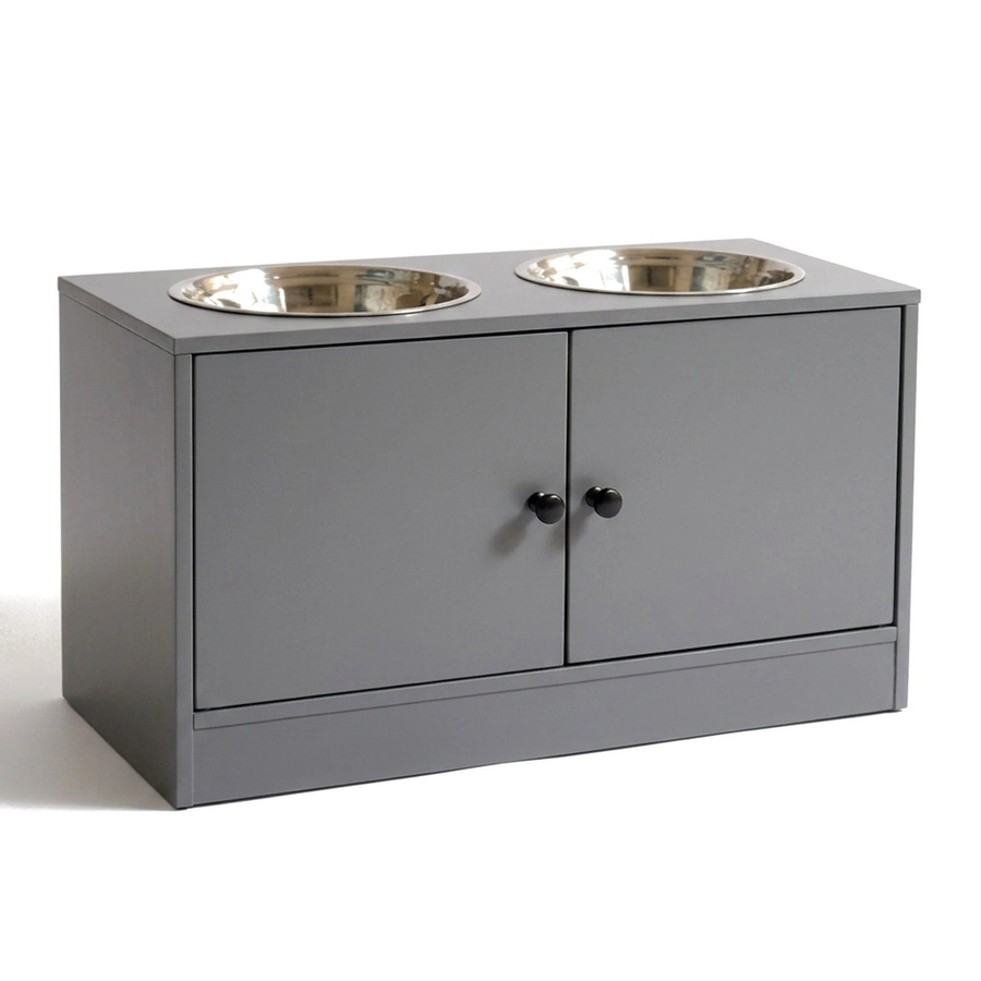 Relaxdays Hundefutterstation aus MDF und Edelstahl in Grau mit Schrankfach, B/T/H: 60 x 35,5 x 30 cm - Bild 2
