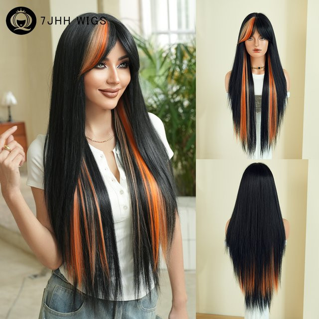 7JHH WIGS Perücke, schwarz mit orangefarbenen Highlights, Damen - Bild 1