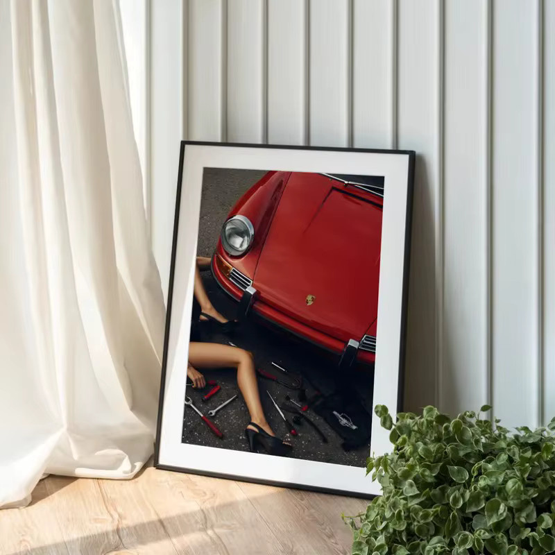 Potdemiel Retro Leinwanddruck Wandkunst mit rotem Sportwagen und Frau für deine Garage oder Heimdekoration - Bild 3