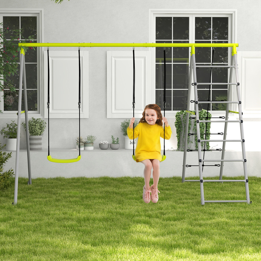Outsunny 2 in 1 Kinderschaukelset mit Kletternetz und Sprossenleiter in Grün - Bild 2