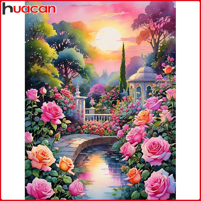 Huacan Diamantgemälde Sonnenuntergang Garten Landschaftskunst mit Rundbohrern, Multicolour, B/H: 30 x 20 cm - Bild 1