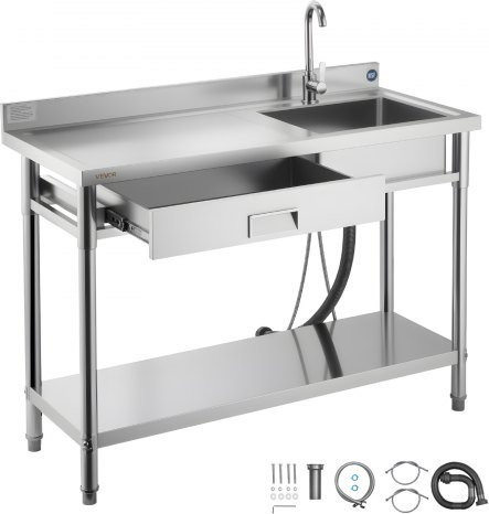 VEVOR Spültisch aus Edelstahl in Silber mit Einzelbecken, Wasserhahn und Schublade, B/T/H: 120 x 50 x 94 cm - Bild 1
