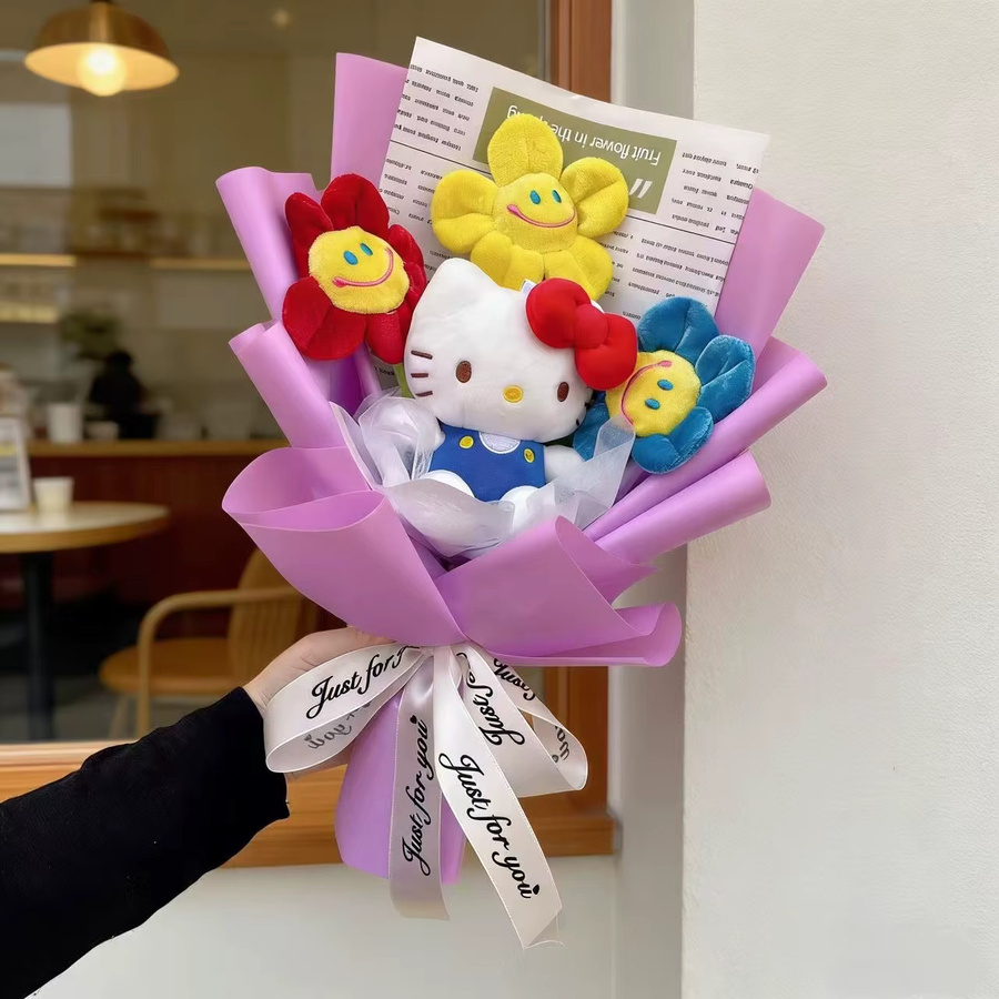 Handgefertigter Sanrio Hello Kitty Blumenstrauß mit Puppen und künstlichen Blumen - Bild 2