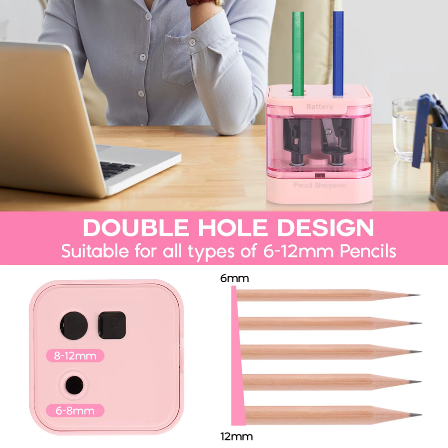 EAGLE Elektrischer Bleistiftspitzer in Pink mit zwei Löchern, USB/Akku Dual-Power und automatischem Stopp für Schule und Büro - Bild 3