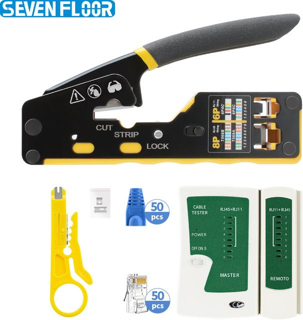 RJ45 Crimpwerkzeug-Set für CAT6 CAT5E CAT5 mit Durchgangs-Crimper, Kabeltester, Abisolierzange, 50 Steckverbinder und Schutzkappen für Ethernet/LAN - Bild 1