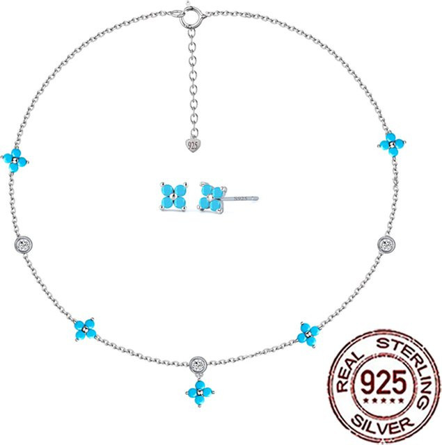 QooLady Schmuck-Set, Halskette, Ohrringe, 925 Silber, Türkis, Zirkonia, Damen - Bild 1