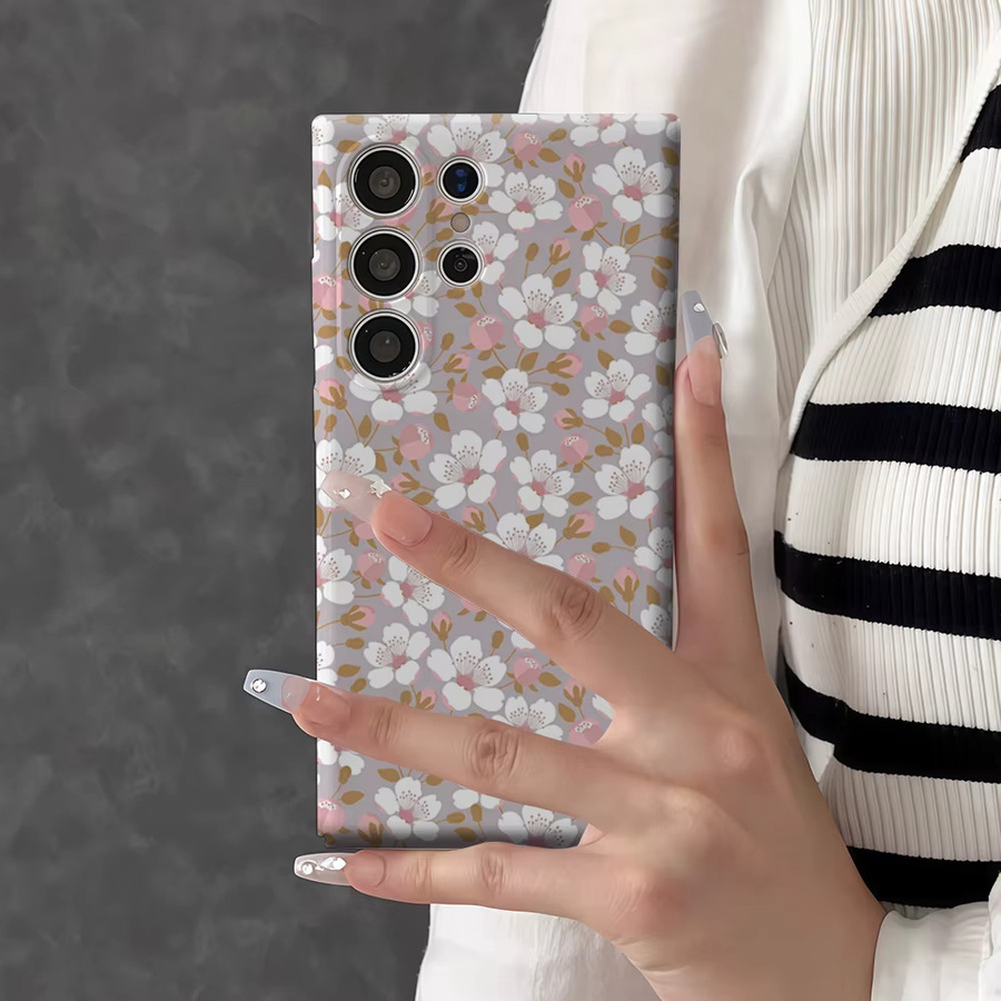 Glänzende Doppelschicht Handyhülle mit Kirschblüten-Design für Samsung Galaxy S25 Ultra, S24 und S23 Ultra Plus in Grau-Rosa - Bild 2
