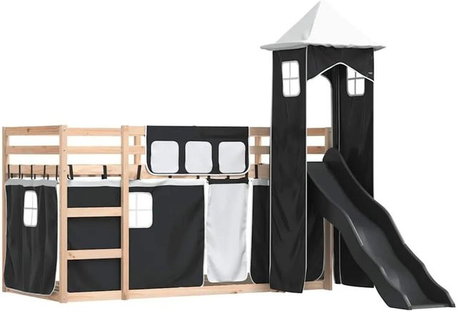 vidaXL Etagenbett für Kinder aus Kiefernholz mit Rutsche und Vorhängen in Weiß, Schwarz und Anthrazit, B/T/H: 80-90 x 190/200 cm - Bild 1