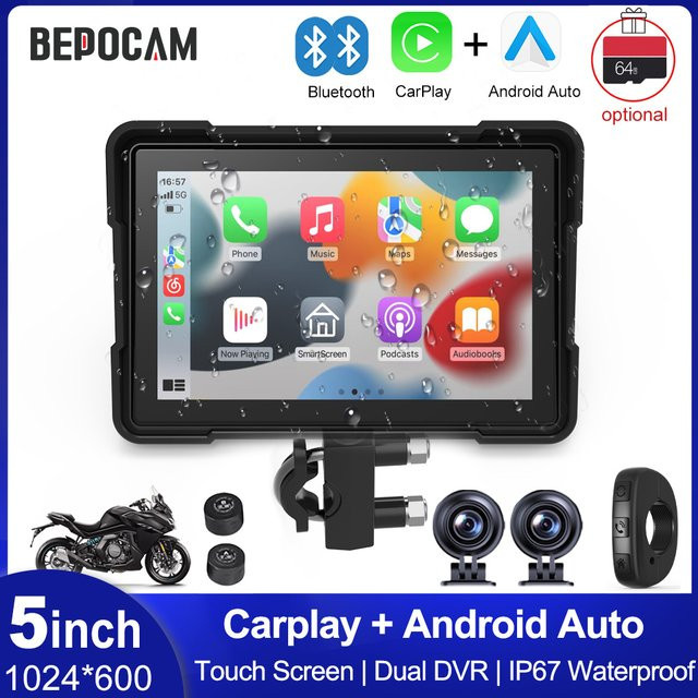 BEPOCAM 5-Zoll Motorrad-GPS-Navigation mit drahtlosem CarPlay und Android Auto, Dual DVR Drive Recorder, WIFI und IPX7 wasserdicht, Schwarz - Bild 1