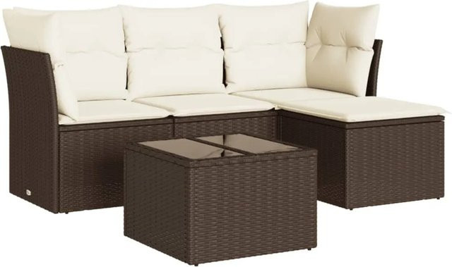vidaXL 5-tlg Garten-Sofagarnitur in L-Form aus braunem Poly-Rattan mit cremeweißen Kissen - Bild 1