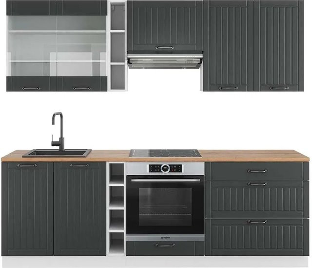 Vicco Fame-Line Küchenzeile Landhausstil in Anthrazit und Weiß mit Eiche-Optik, Breite: 235 cm, Höhe: 82 cm, Tiefe: 60 cm - Bild 1