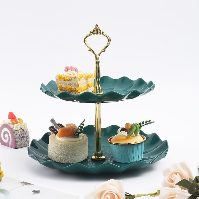Doppelschichtiger Kuchen- und Süßigkeitenständer aus Keramik, rund, Weiß-Grün, Durchmesser: 24 cm, Höhe: 25 cm - Bild 1