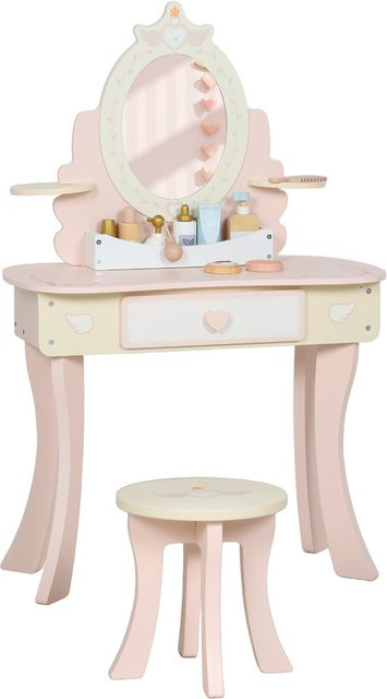 AIYAPLAY Schminktisch Kinder Set mit Hocker und 7 Spielzubehörteilen, 2-in-1 Frisiertisch mit abnehmbarem Spiegel und Schublade, Rosa - Bild 1