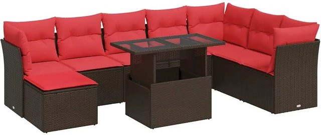 vidaXL 9-teilige Garten-Sofagarnitur aus braunem Poly-Rattan mit Kissen und Akazie-Elementen - Bild 1