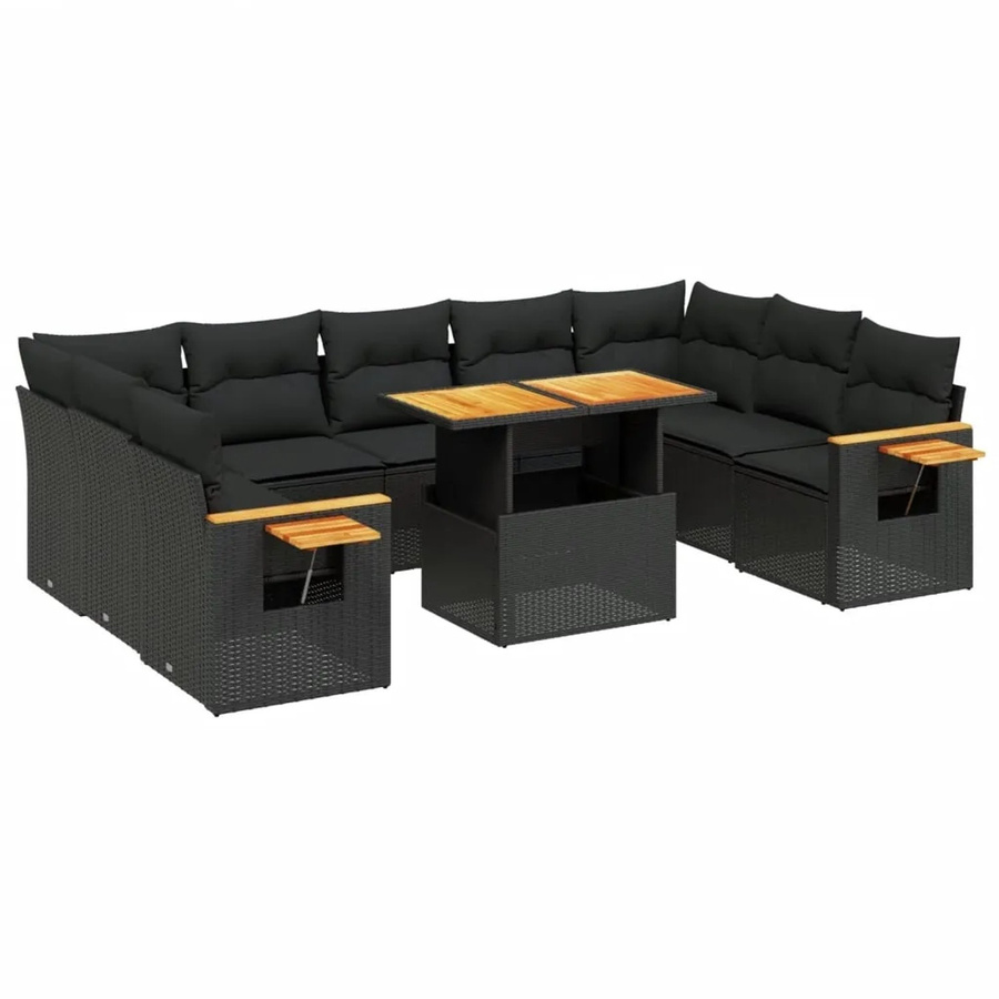 vidaXL 10-teilige Garten-Sofagarnitur aus Poly-Rattan und Akazienholz in Schwarz mit Kissen - Bild 2